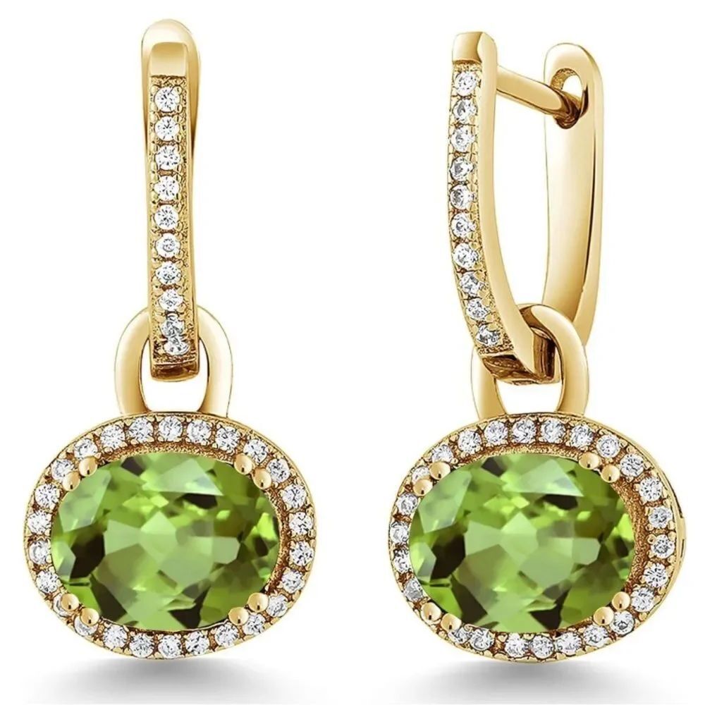18K Yellow Gold 925 with 4.44 Cttw Peridot Oval Dangling French Lock Earrings